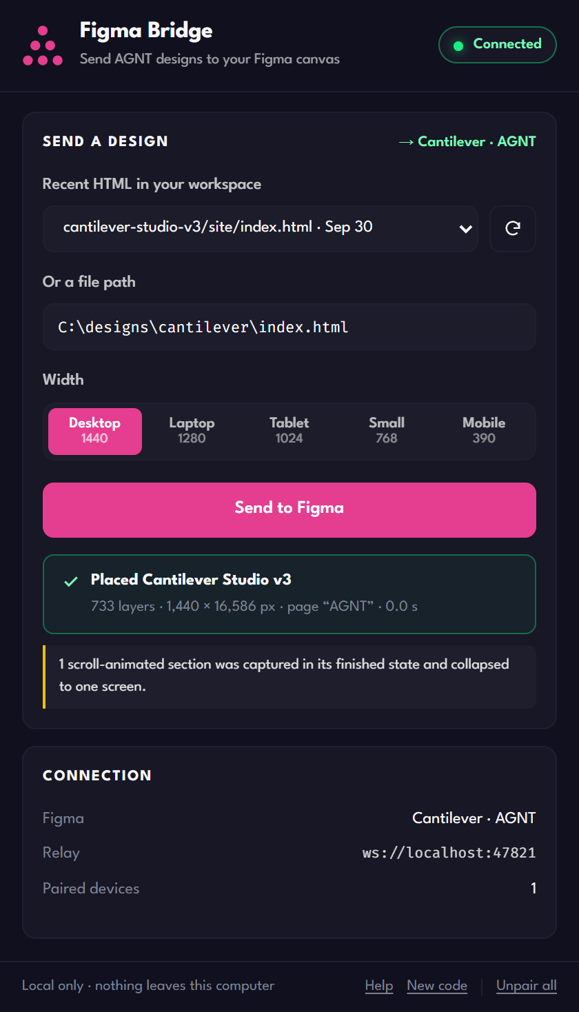 The Figma Bridge widget in AGNT after sending a design: connected to Figma, 733 layers placed