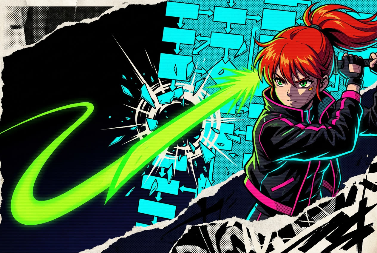 Annie cutting through a rigid flowchart