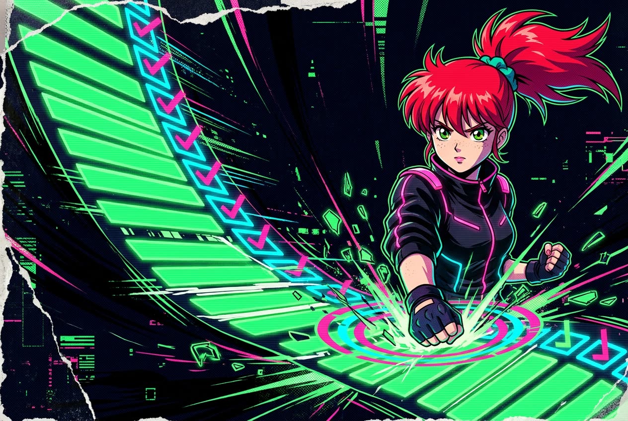 Annie stamping a blazing neon receipt ledger